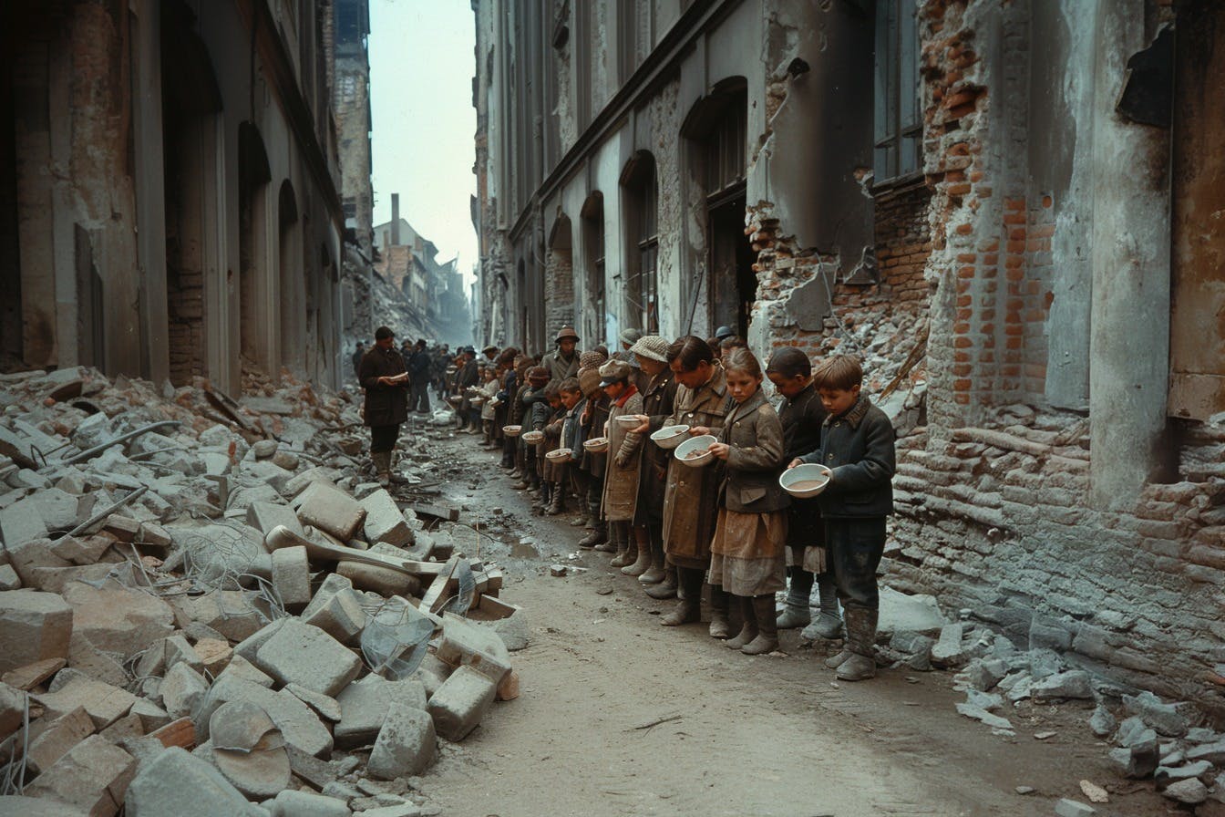 Kinder stehen in einer Reihe mit Schüsseln in einer vom Krieg zerstörten Stadt, umgeben von Schutt und beschädigten Gebäuden.