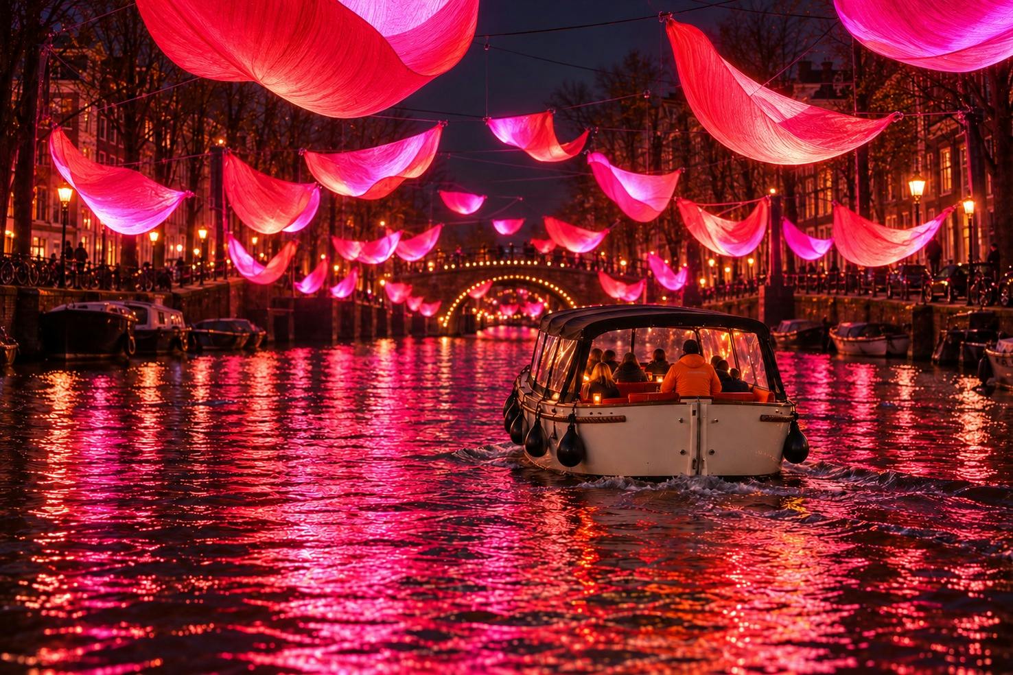 A boat navigates a canal illuminated by pink hanging lights and reflections, with a lit bridge visible in the background.