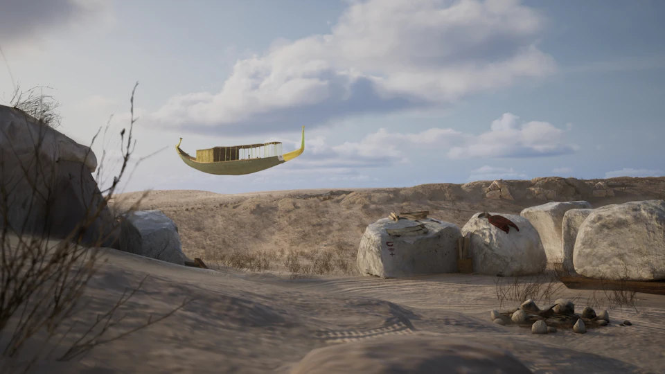 A boat-shaped object floats in the sky above a sandy desert with large rocks. Cloudy sky in the background.