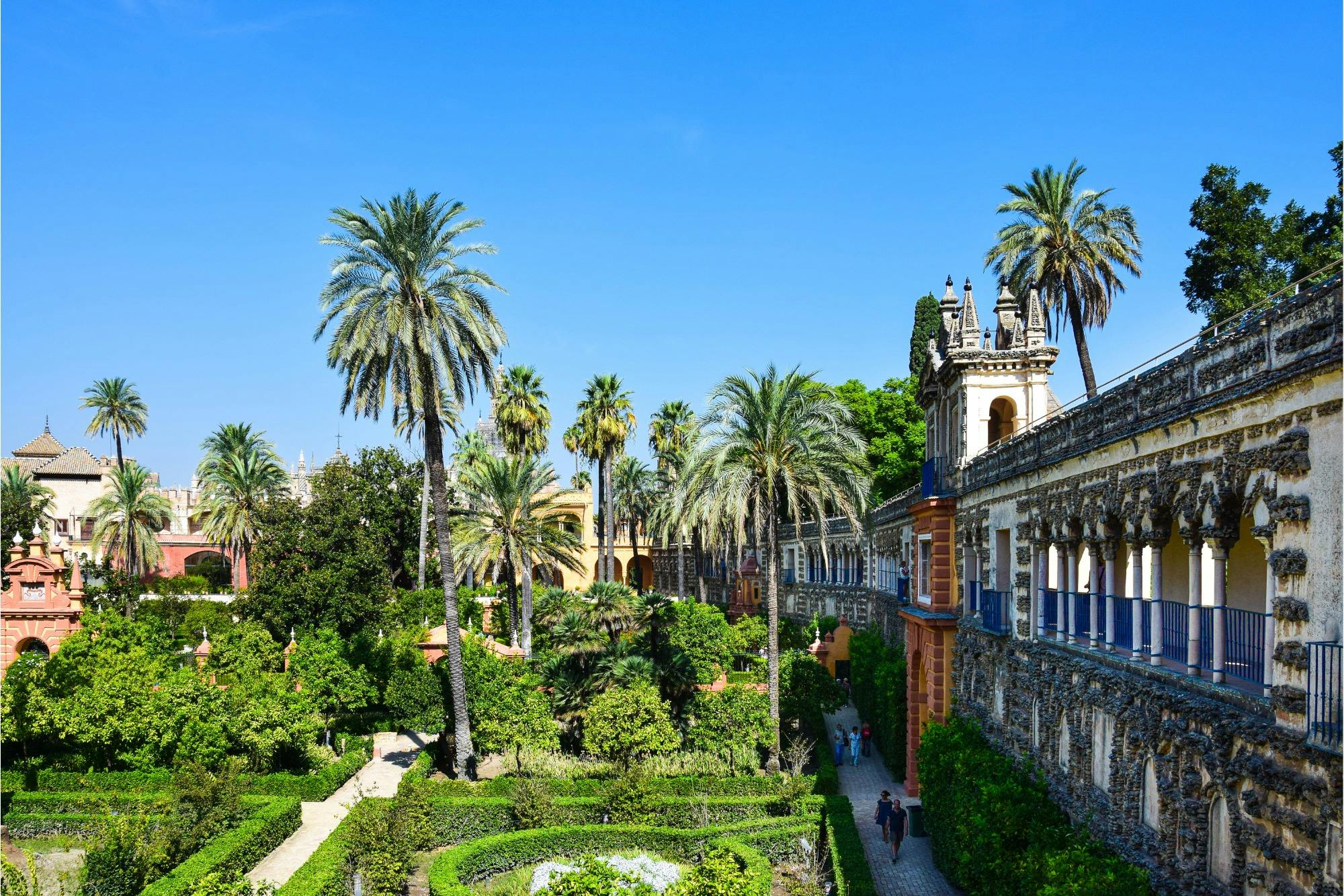 Lush garden with palm trees and manicured hedges, adjacent to a historic building under a clear blue sky.