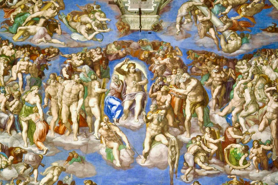 A detailed ceiling artwork depicting numerous human figures engaged in dramatic poses against a blue sky background.