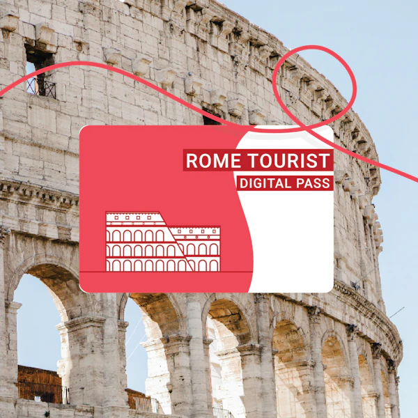 Μια κάρτα Rome Tourist Digital Pass με μια απεικόνιση του Κολοσσαίου, που εμφανίζεται μπροστά από ένα πραγματικό φόντο Κολοσσαίου.