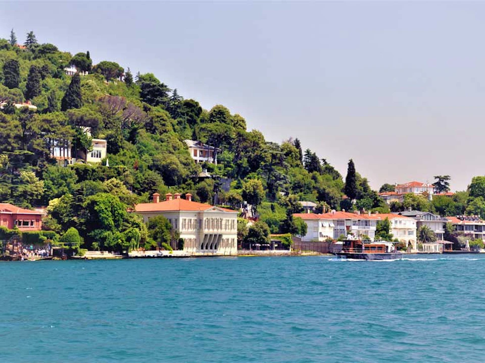 Houses and lush greenery on a hill overlooking a body of water, with a boat near the shoreline.