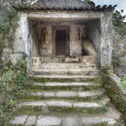 Stentrappor som leder till ett litet, vittrat stenkapell med ett kors på toppen, med två bleka fresker och övervuxna med mossa och växter.