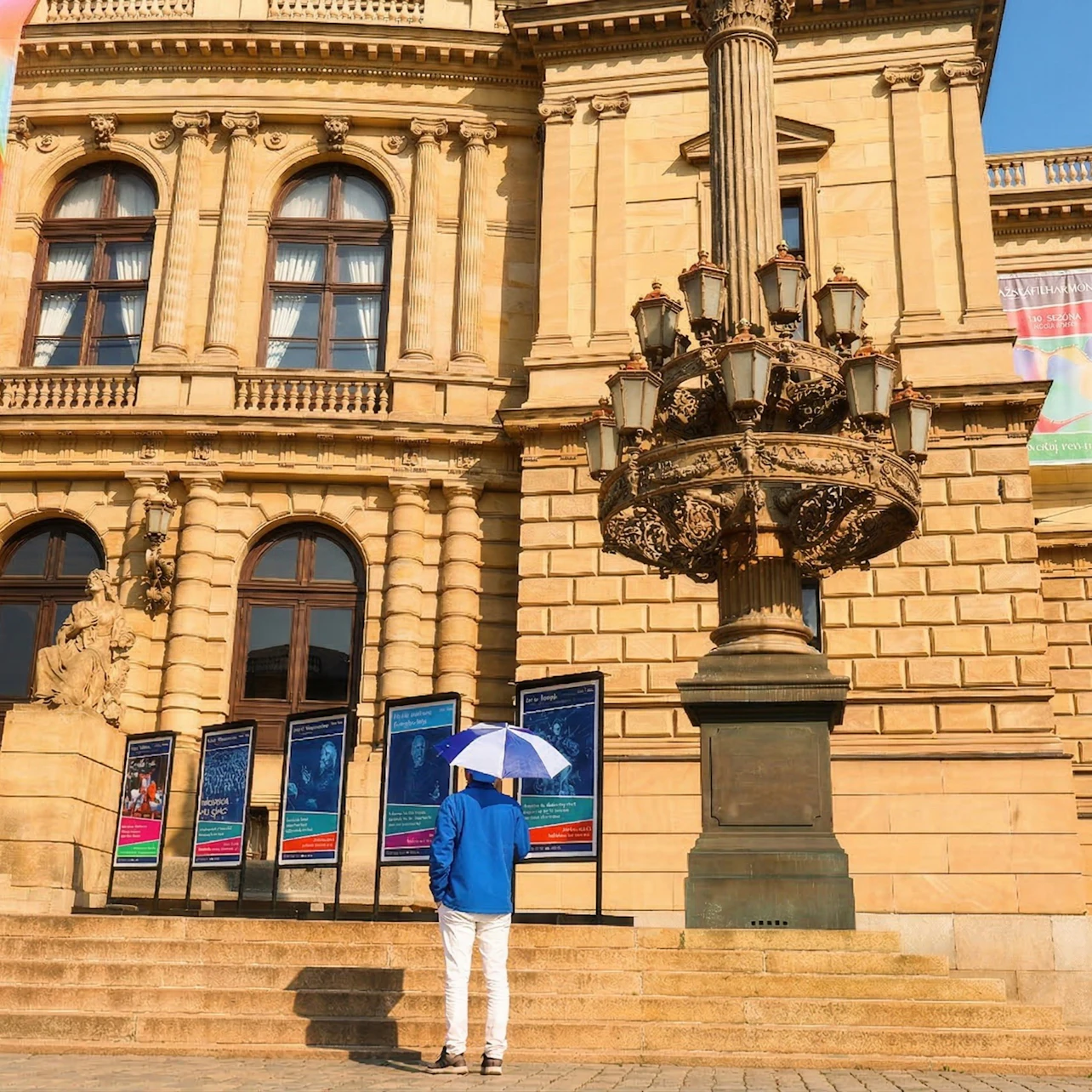 A person with a blue jacket and umbrella stands in front of a historic building with posters displayed on stands.