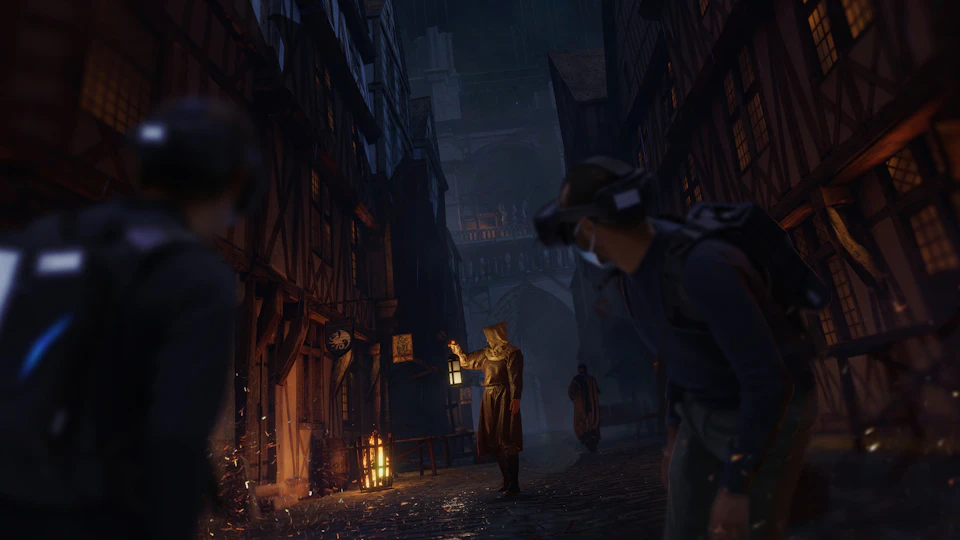 A medieval street scene at night with a person holding a lantern, others in shadowy surroundings, and timber-framed buildings.