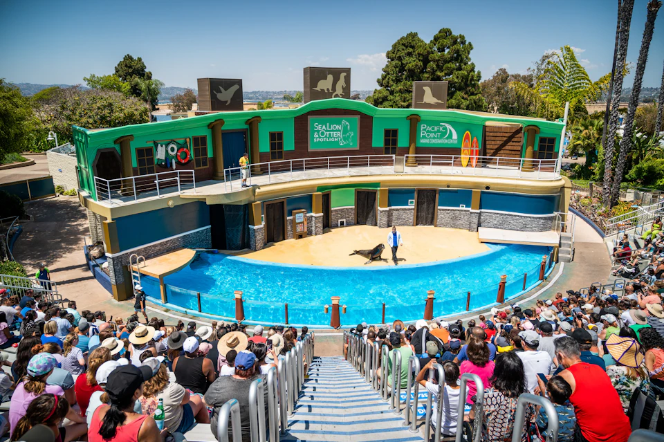 A crowd watches a sea lion performing with a trainer in an outdoor arena, with signs for "Sea Lion & Otter Spotlight" and "Pacific Point."