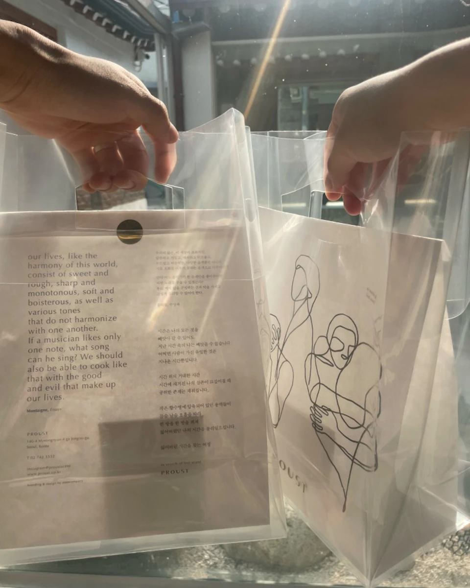 Two hands holding transparent bags with printed designs and text, illuminated by sunlight coming through a window.