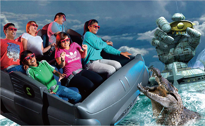 A group of six people wearing 3D glasses are enjoying a simulated ride, smiling and posing with excitement.