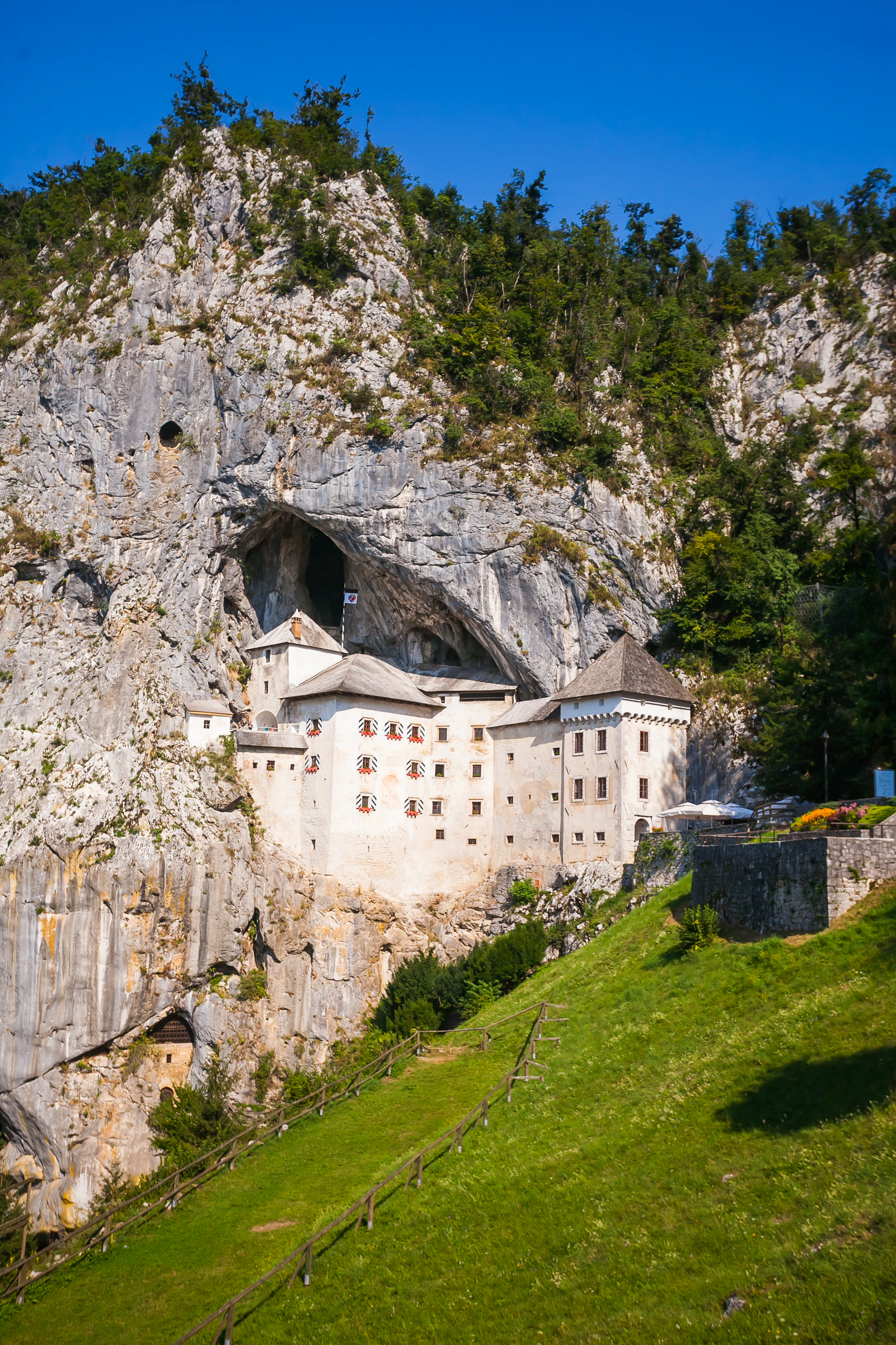 A castle built into a rocky cliff, surrounded by greenery with a clear blue sky above.