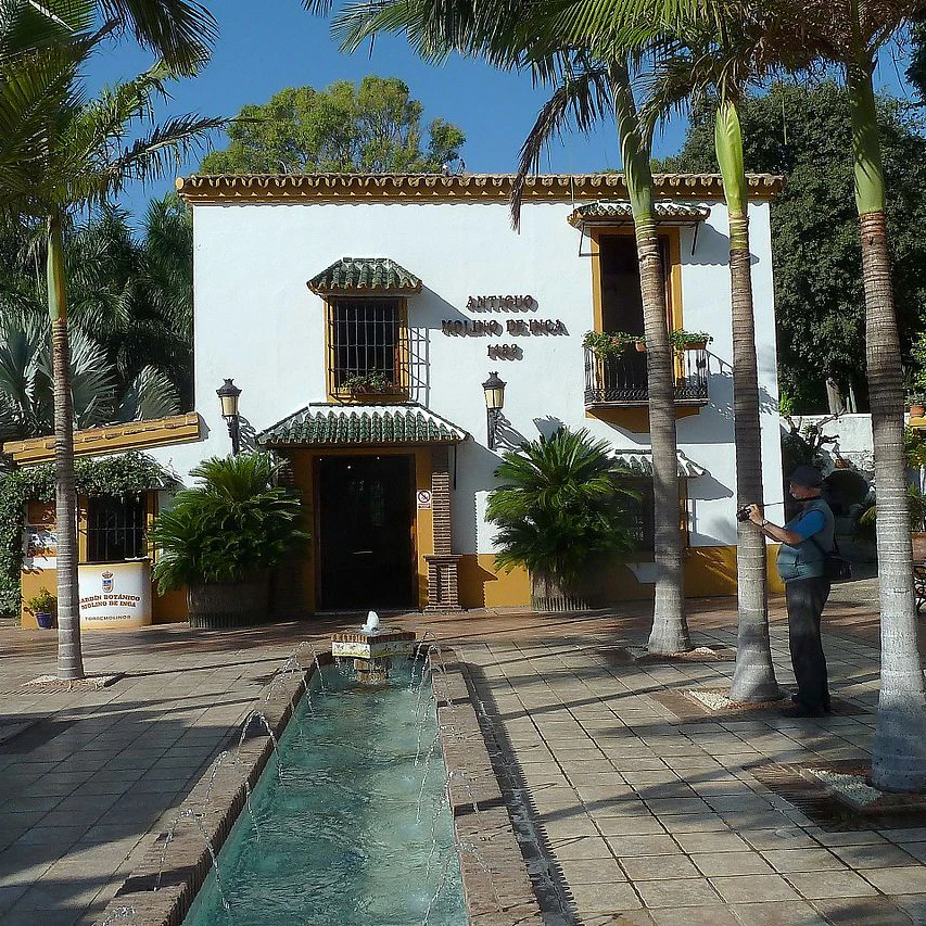 A white two-story building with green trim and a tiled courtyard featuring a narrow water channel, surrounded by palm trees.