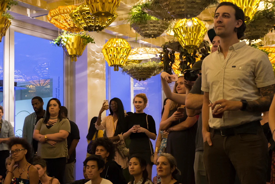 A crowd of people in a room with yellow ceiling decorations and hanging plants, attentively watching something off-frame.