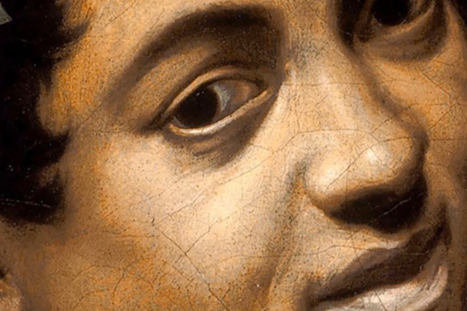 A close-up of a painting depicting a person with a leaf-adorned head, gazing sideways, with a warm and intricate texture.