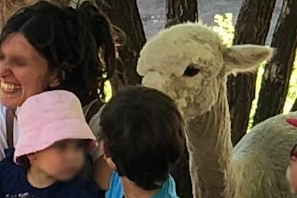 A group of people, including several children, sit on benches with alpacas and chickens nearby, under the shade of a tree.