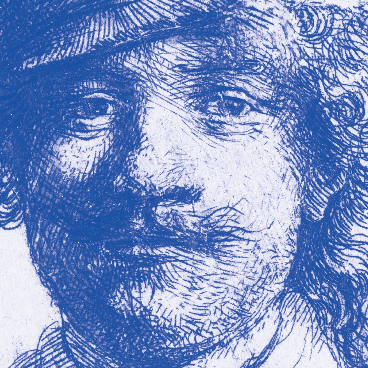 Blue-toned etched portrait of a man with a mustache, long hair, and a hat.
