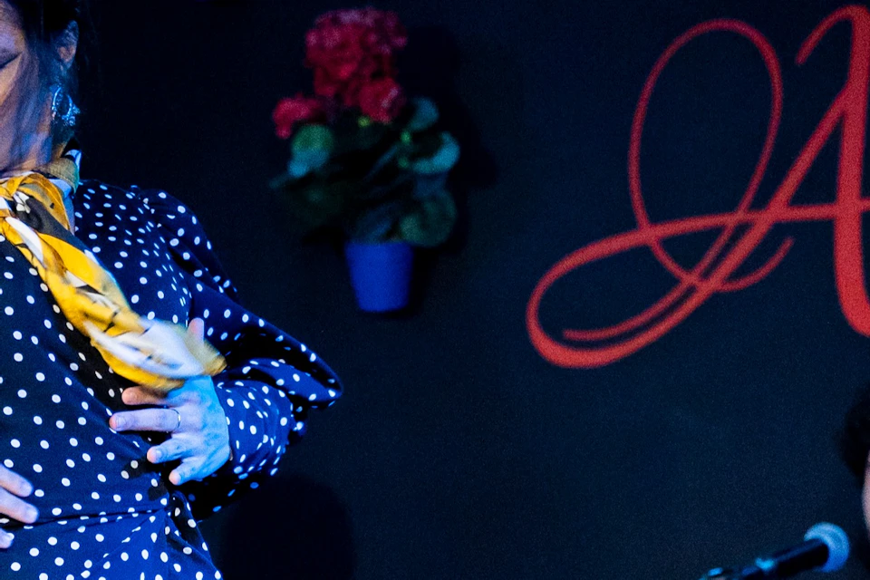 A flamenco dancer in a polka-dot dress performs as a seated man claps rhythmically on a stage with decorative elements.