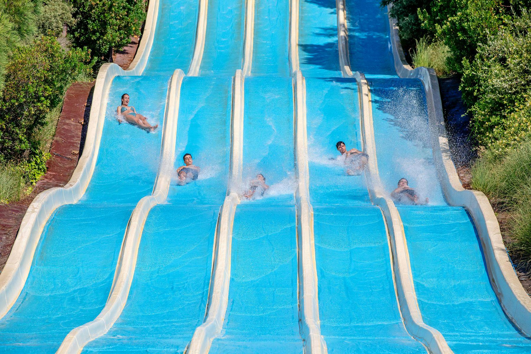 Des personnes qui dévalent des toboggans aquatiques bleus parallèles, au milieu de la verdure.
