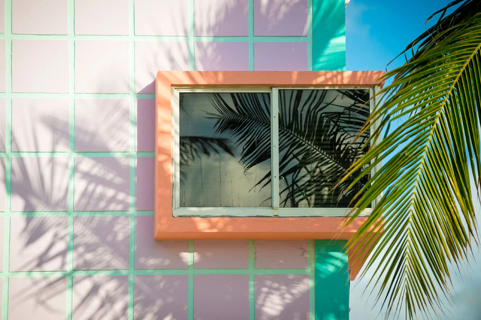 A window with an orange frame on a colorful tiled wall. Palm tree shadows and reflections are visible on the wall and window.