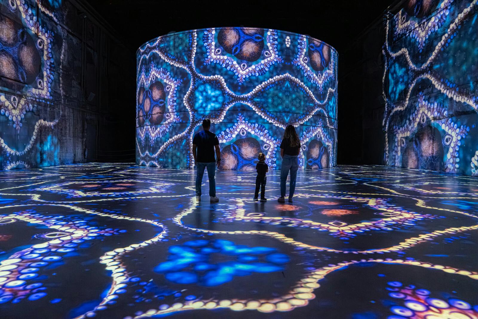 Tres persones s'aixequen en una habitació fosca il·luminada per projeccions de llum grans, colorides i caleidoscòpiques al terra i a les parets.