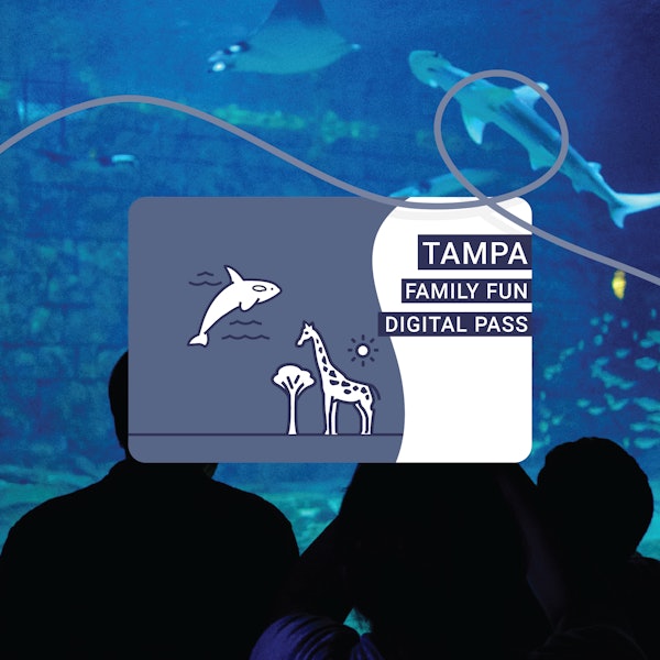 Silhouette di persone che guardano un acquario con una grafica del Tampa Family Fun Digital Pass con un delfino e una giraffa.