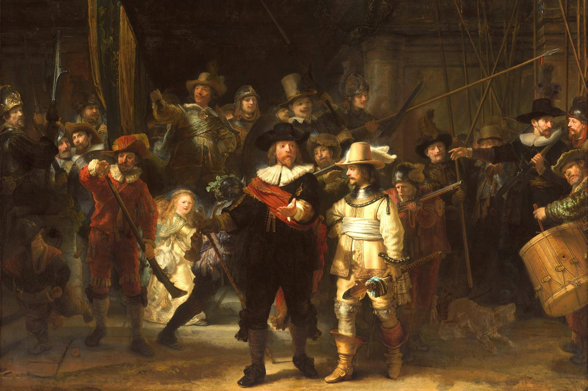 A group of people in 17th-century attire, including two prominently dressed men at the forefront and others with weapons in the background.
