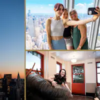 En collage med billeder af et bybillede ved solnedgang, tre kvinder, der tager en selfie i en skyskraber, og en kvinde i en kunstudstilling.