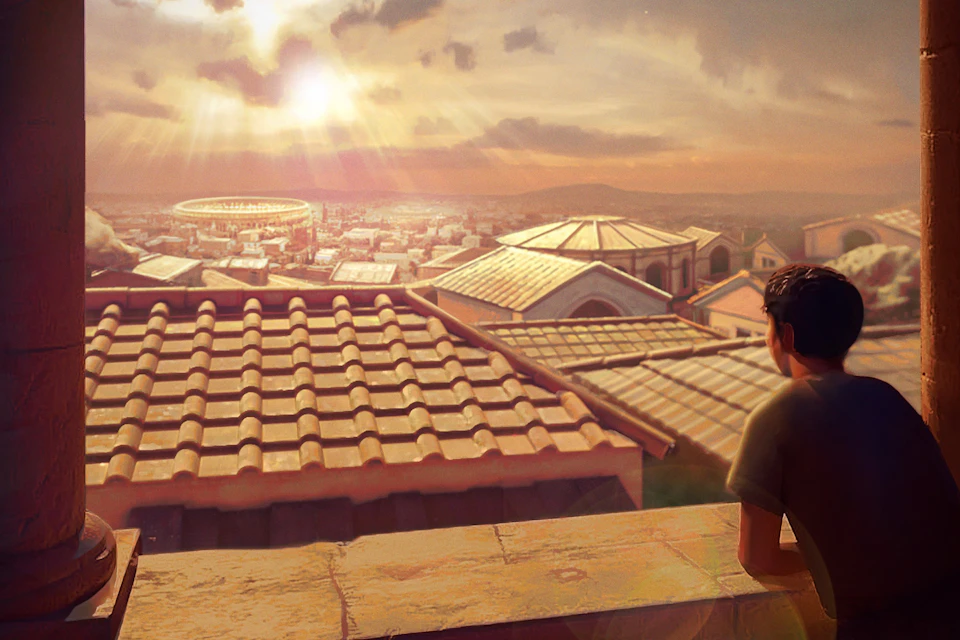 A person leans on a rooftop railing overlooking a city with tiled roofs and a distant stadium under a setting sun.