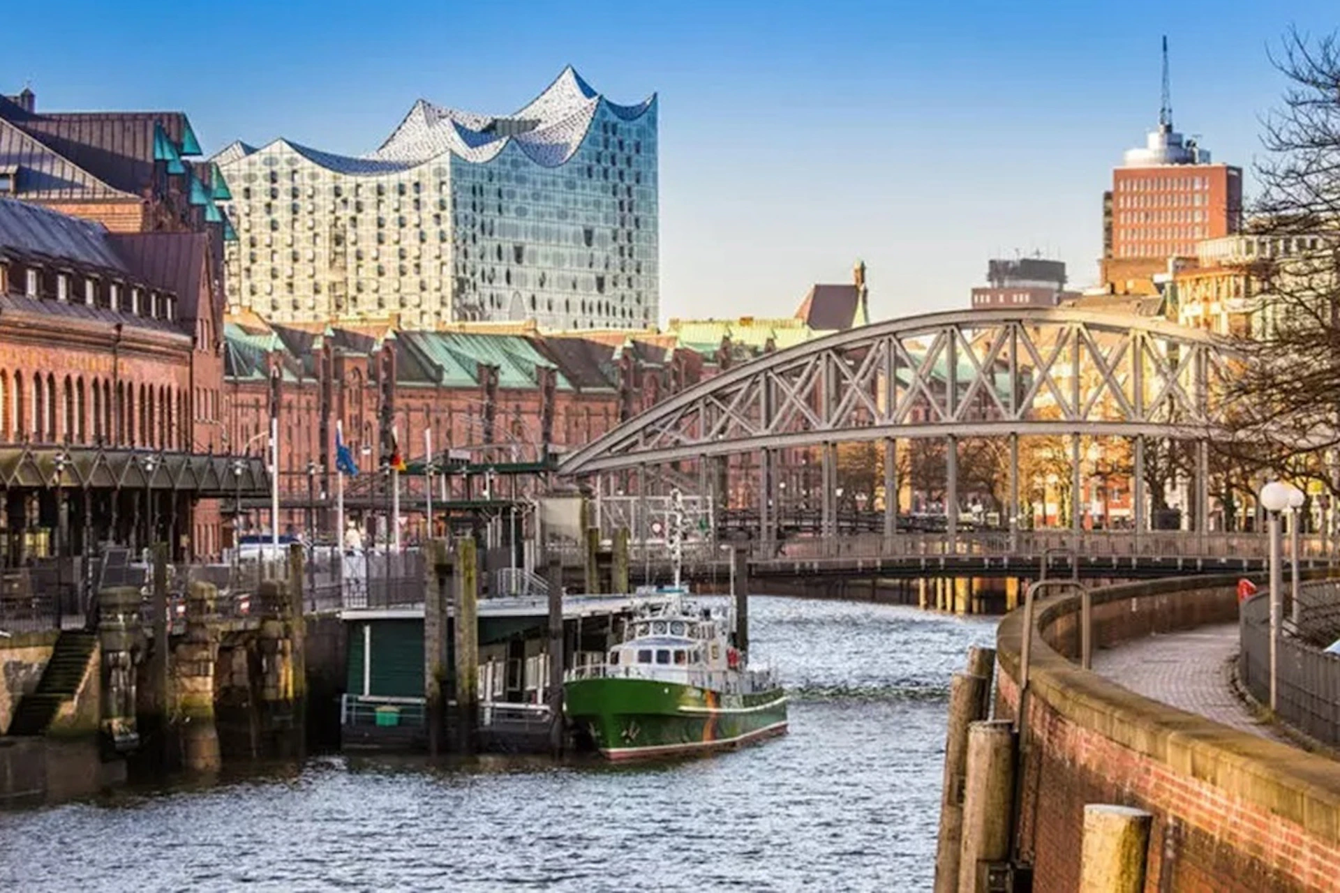 Parts of the Speicherstadt with the Elbphilharmonie in the background