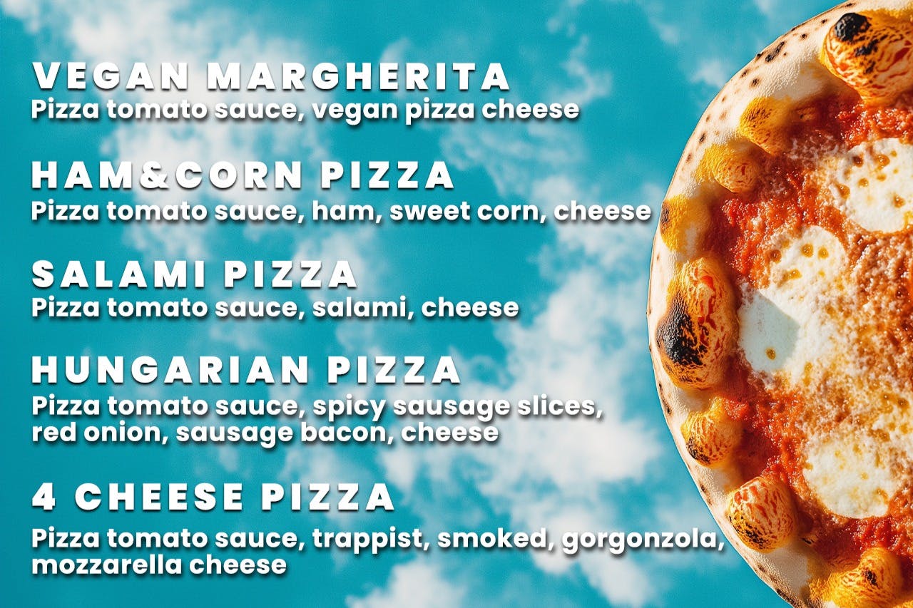 空を背景にしたメニューには、食材を使ったピザのオプションが表示されます。 右側に溶けたチーズが入ったピザクラストの部分的な景色。