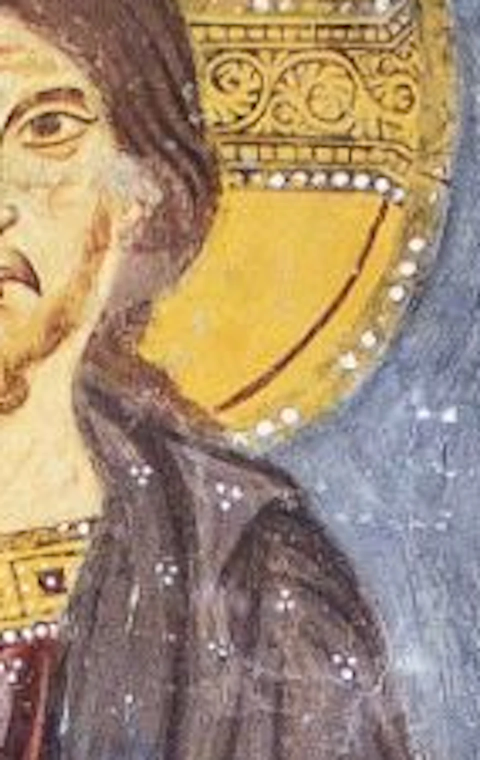 Medieval fresco depicting a religious scene with central figure holding a book, flanked by four haloed figures, and two angels above.