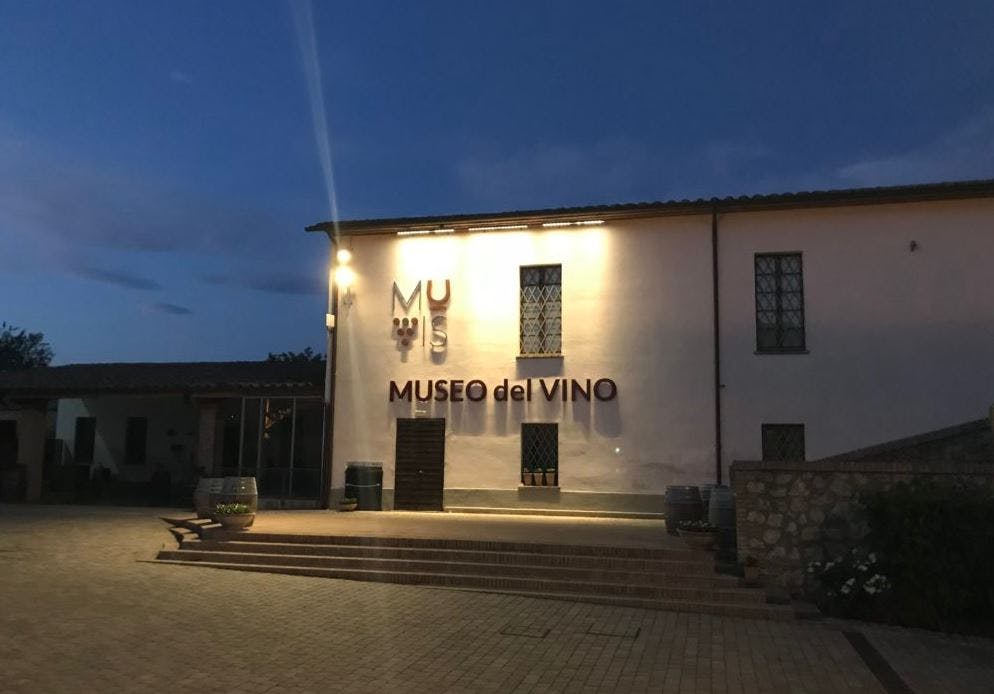 Edificio a due piani che espone l'insegna "Museo del Vino" al tramonto, con luci soffuse, decorazioni a botte e gradini che conducono all'ingresso.