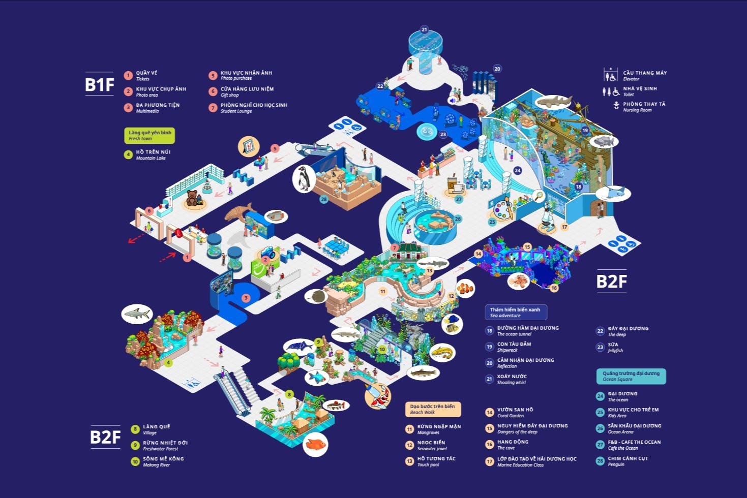深蓝色背景上的越南文水族馆地图，带有展区、通道和列出的景点。