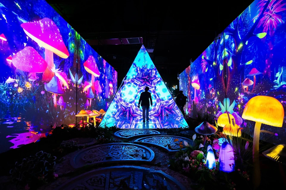 A person stands in front of a glowing triangular structure surrounded by colorful, fantastical mushroom-like projections.