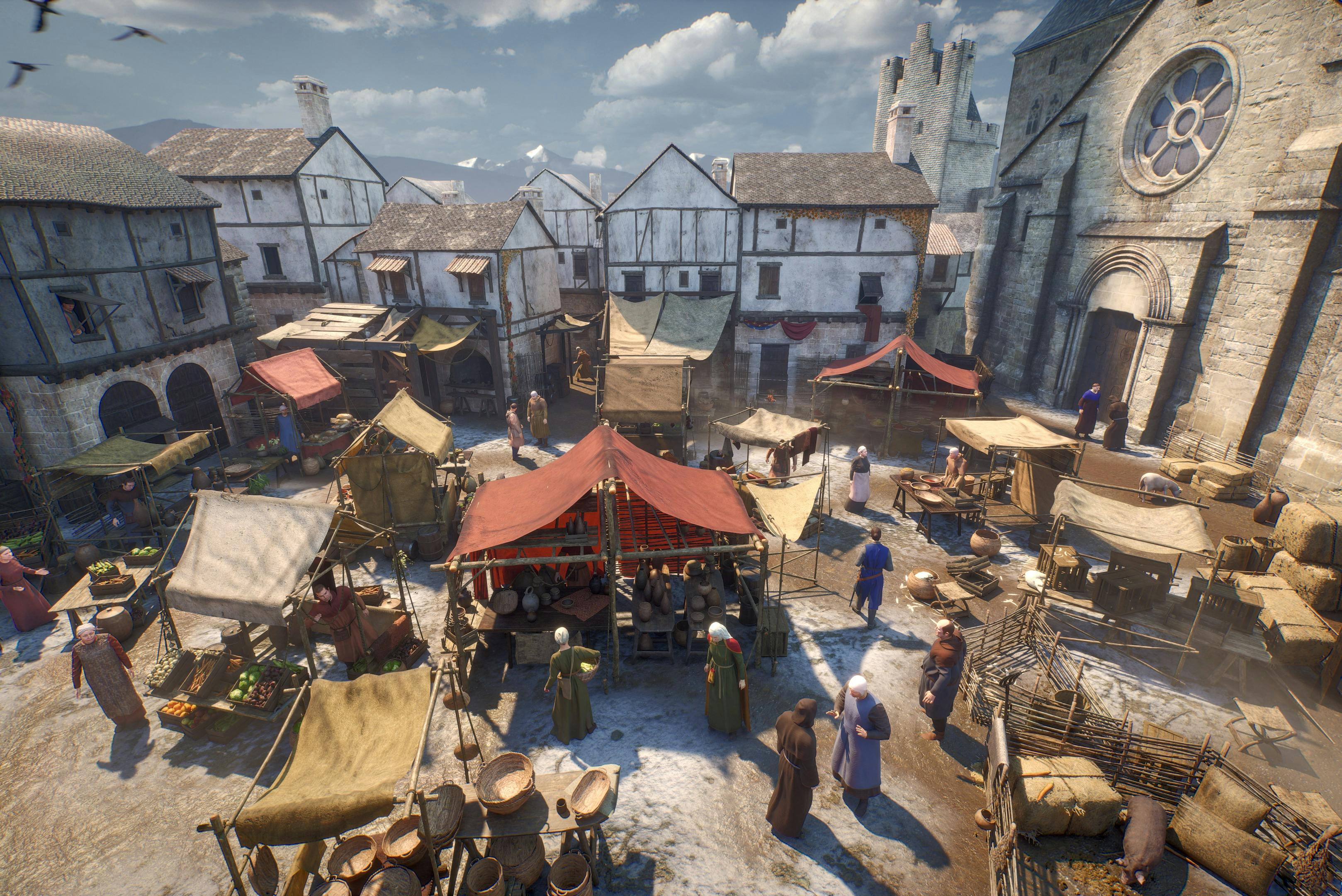 Medieval marketplace scene with people in period attire, various tents, stalls, and buildings in the background under a cloudy sky.
