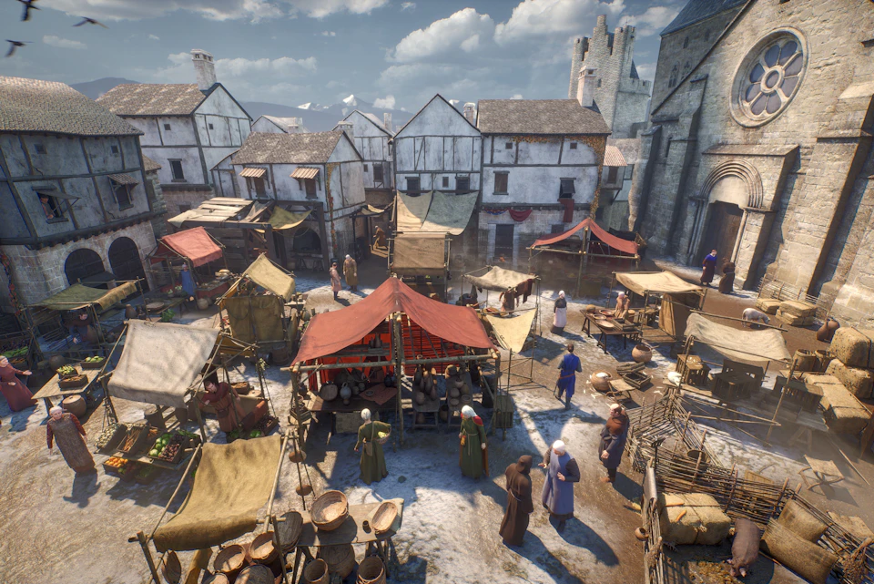Medieval marketplace scene with people in period attire, various tents, stalls, and buildings in the background under a cloudy sky.