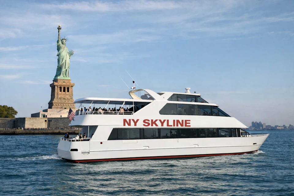 A white tour boat labeled 'NY SKYLINE' on water near the Statue of Liberty under a blue sky.