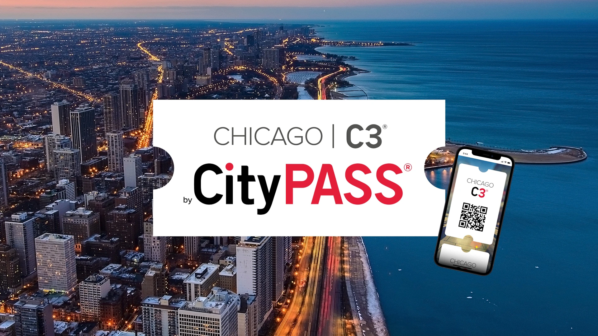 Aerial view of Chicago at dusk with illuminated buildings and roads, overlaid with "Chicago C3 by CityPASS" text and a card image.