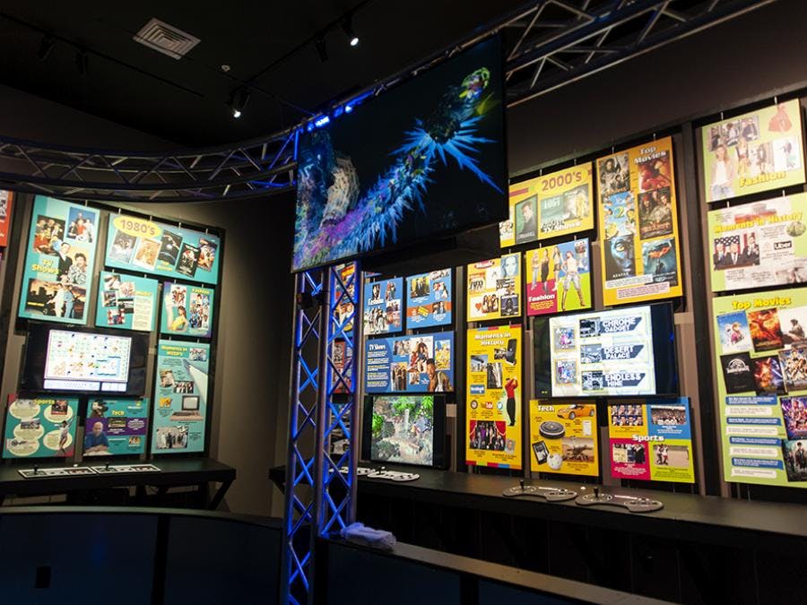 В экспозиции музея представлены красочные панно с фотографиями и информацией о разных десятилетиях, с 1980-х по 2000-е годы.