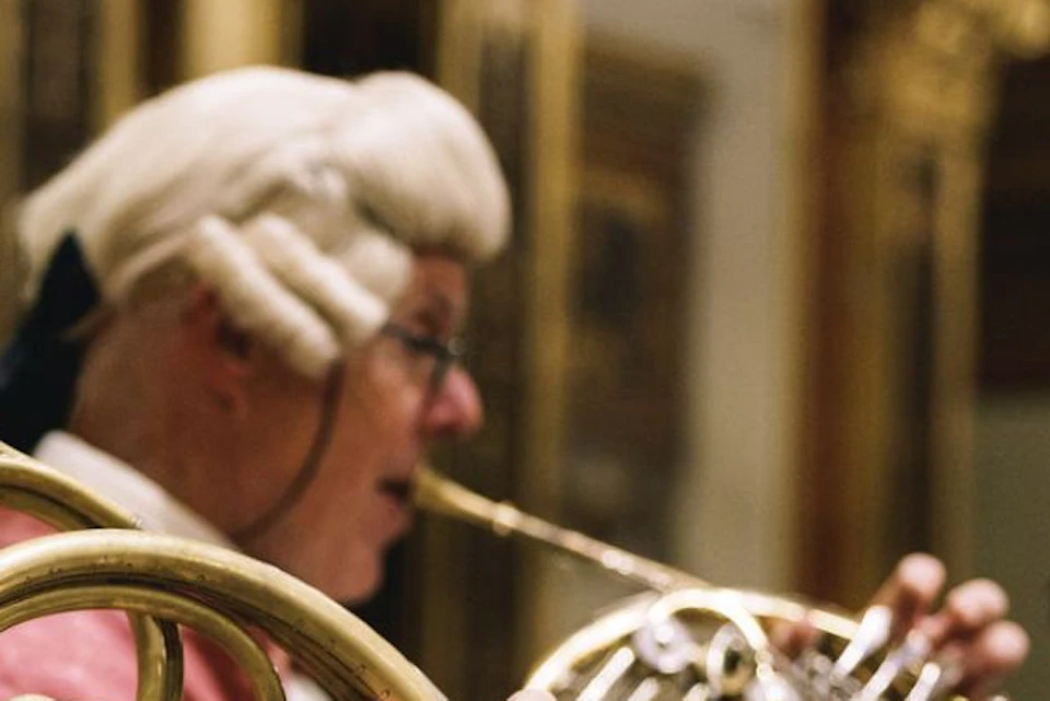 Musicians in period costumes with powdered wigs play French horns in a classical concert setting.