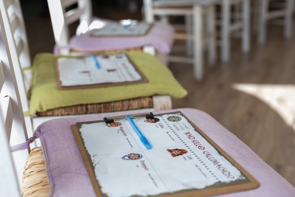 Custom made note sheets for Ancient Greek Murder Mystery