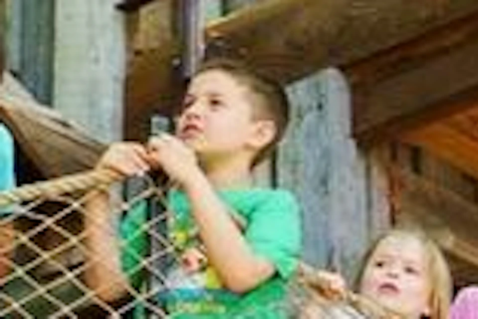 Children standing on a wooden balcony with netting, part of a multi-level wooden treehouse surrounded by greenery.