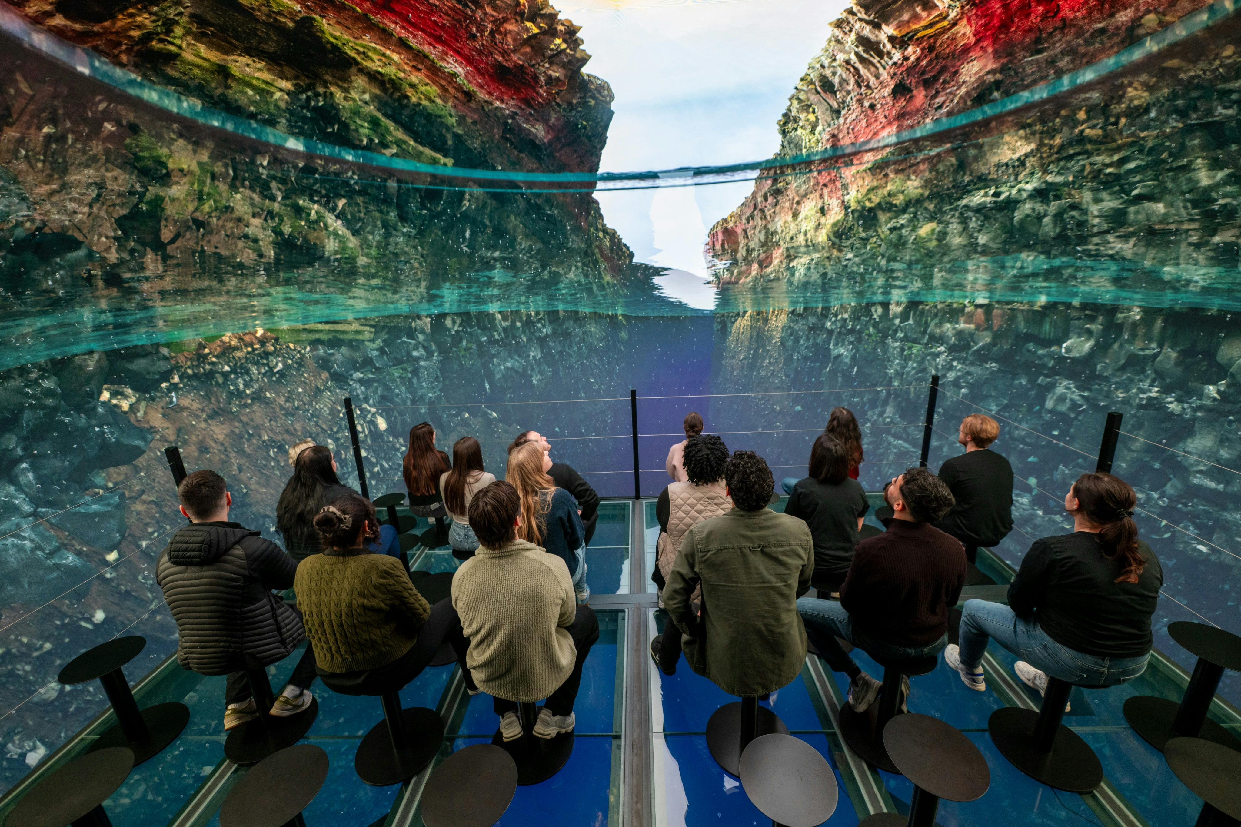 Die Menschen sitzen in einem gläsernen Raum, in dem eine Projektion einer Unterwasserschlucht an die Wände und die Decke projiziert wird.