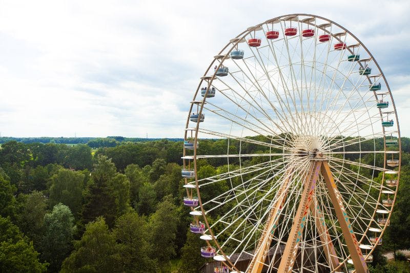 Large Ferris wheel with colorful cabins set against a backdrop of dense trees and a cloudy sky.