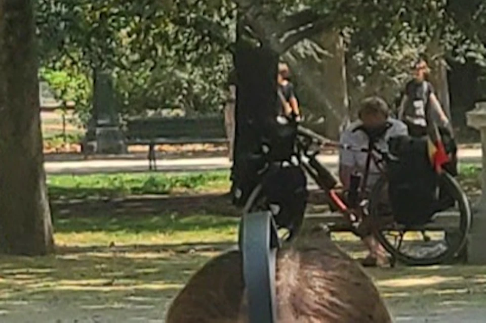 Three people wearing virtual reality headsets outdoors in a sunny park, with trees and stone benches in the background.