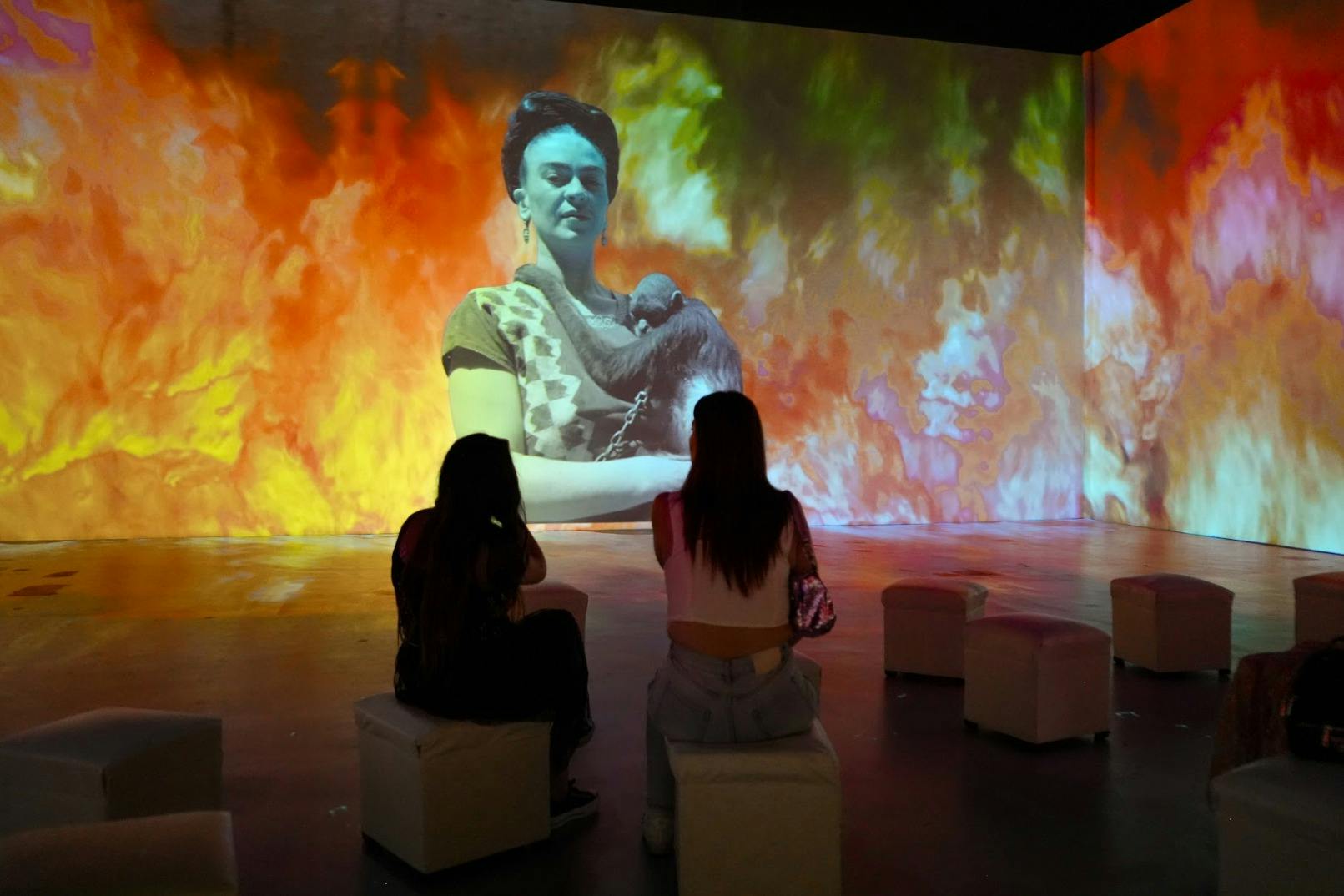 Δύο άνθρωποι κάθονται στα σκαμπό και βλέπουν μια μεγάλη, ζωντανή προβολή της Φρίντα Κάλο με μια μαϊμού σε φλογερό φόντο.