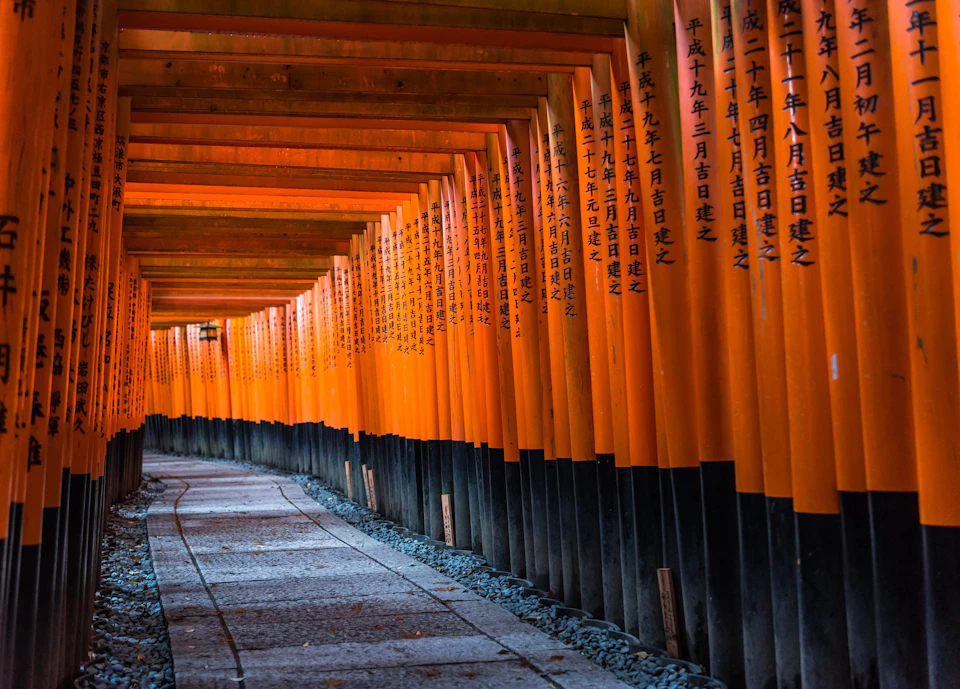 A pathway lined with orange torii gates featuring Japanese inscriptions, curving into the distance.