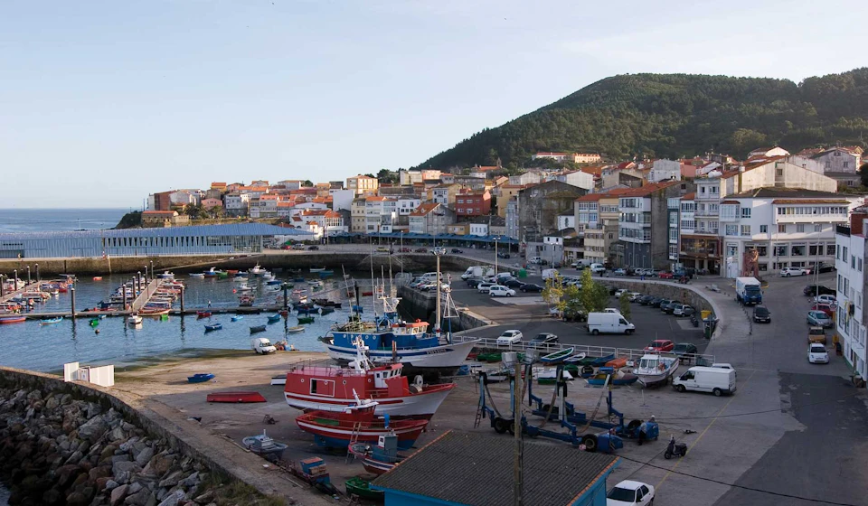 A coastal town with docked fishing boats, a bridge, houses, parked cars, and a forested hill in the background.