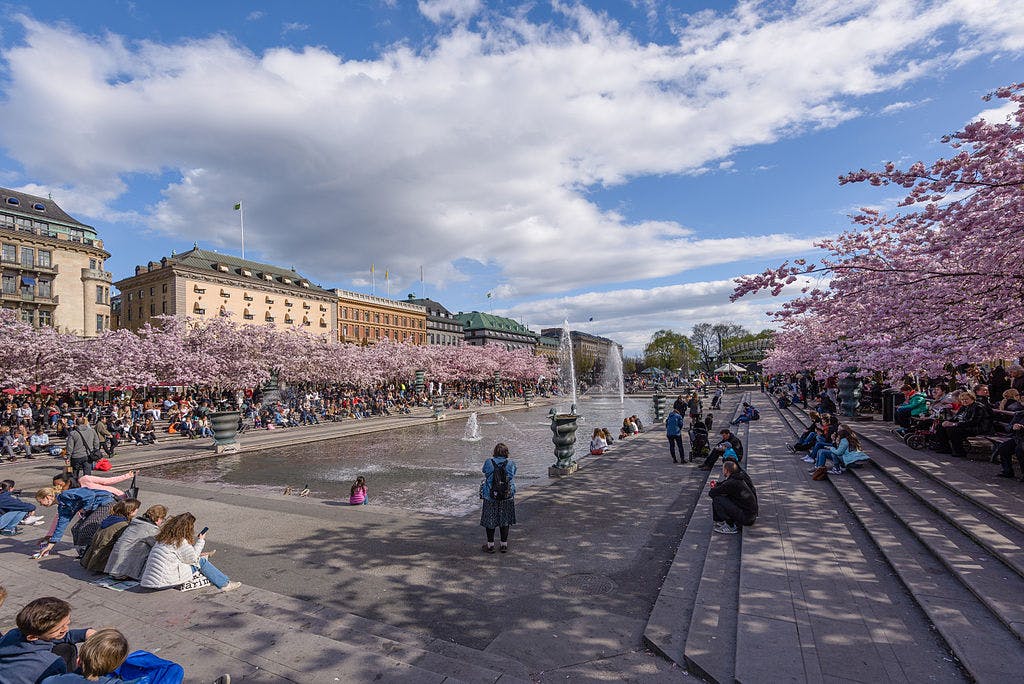 部分的に曇った空の下、桜の花が咲く街の広場の噴水の周りでリラックスしている人々。