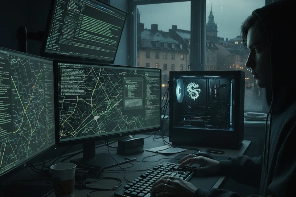 A person working at a computer setup with multiple monitors displaying code and a map, next to a window overlooking a cityscape.