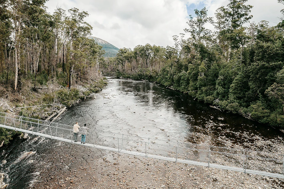 Two people stand on a suspension bridge over a wide river surrounded by lush green forest under a cloudy sky.